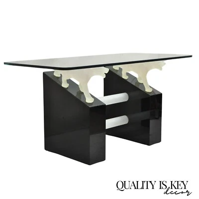 Vintage Post Modern Black Figural Acrylic Panther Base Glass Top Desk Table - Image 1 of 4