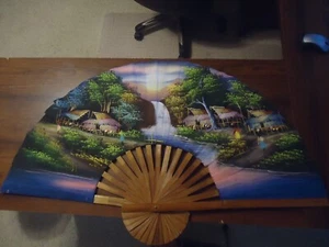 Hawaii Hand Painted Fan 40 x 20 Waterfall Scene 1993 Wall Art - Picture 1 of 10