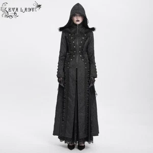 Eva Lady Women Black Gothic Punk Double Breasted Extra Long Hooded Coat - Picture 1 of 24