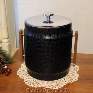 ICE BUCKET Wood Handles Classy & Retro BLACK LEATHER-LOOK  Crocodile Print - Picture 1 of 6