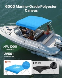 3 Bow Boat Bimini Tops, 600D Polyester Canopy with Aluminum Alloy Frame, Waterpr - Picture 1 of 10