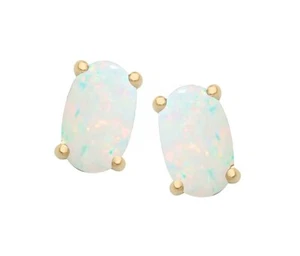9ct Yellow Gold Natural Opal Oval Solitaire Stud Earrings - October Birthstone - Picture 1 of 9