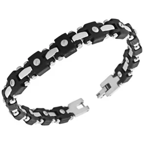 Stainless Steel Black Silver Two-Tone Rubber Mens Link Bracelet - Picture 1 of 3