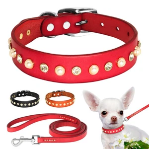 Genuine Leather Cat Dog Collar Bling Rhinestone Studded and Pet Leash Adjustable - Picture 1 of 18