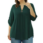 Women T Shirt 3/4 Sleeve Tunic Pleat Tops Cotton Blend V Neck Metal Button