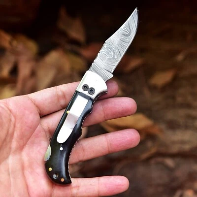 Handmade Damascus Folding Blade Pocket Knife Back Clip Boot Knives With Sheath - Image 1 of 4