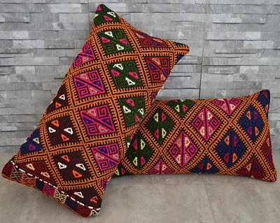 A PAIR 17″ x 34″ Antique Kilim Rug Cushion Pillow Covers LUMBAR Cushions Decor - Image 1 of 4