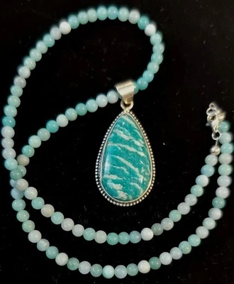 New SS Teardrop Amazonite Pendant with Natural Amazonite Bead Necklace  - Image 1 of 4