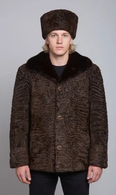 New Men's Brown Broadtail Persian Lamb Fur Jacket with Mink Fur Collar & Hat - Image 1 of 4