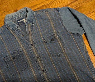 Vintage Wrangler Denim & Plaid Shirt - Men's 15 1/2-34 X-Long Tails - Distressed - Image 1 of 4