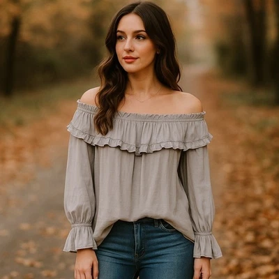 Blusa Anthropologie Gris Semilla Mostaza Hombro Descubierto Volantes Pequeña Otoño Retro Boho Foto 1 de 4