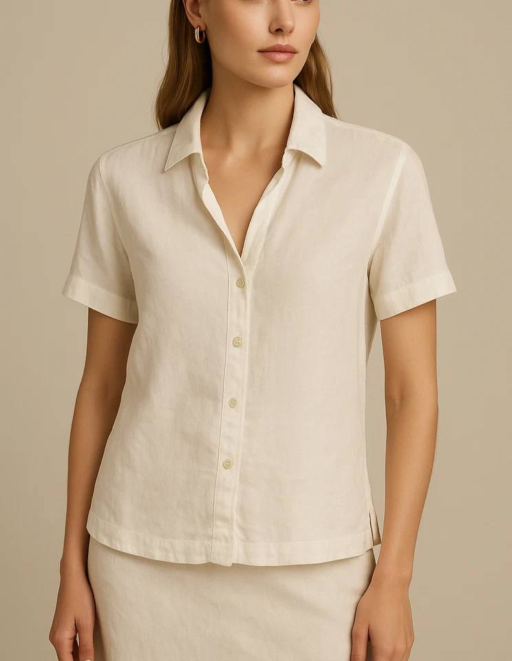 Camisa James Perse de lino para hombre blanca mediana manga corta botón delantero WLZ3375 Foto 1 de 4