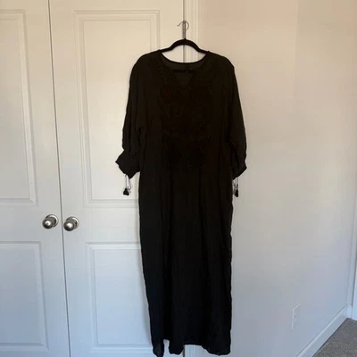 NILI LOTAN Black Embroidered Floral 100% Linen Scoop Maxi Tent Dress - Image 1 of 4