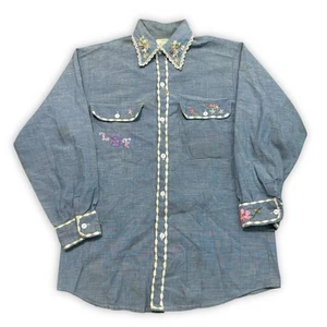 Vtg Big Mac Shirt Mens S Blue Chambray Selvedge USA Hand Embroidered Flowers - Picture 1 of 19