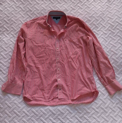 Tommy Hilfiger Mens Buttons Up Shirt Size 39 or XLarge Red Striped Long Sleeve - image 1 of 4