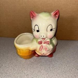 Vintage Small Happy Pig With Basket Planter Hat Bow Tie Ceramic Art Pottery - Picture 1 of 12