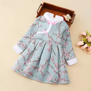 Kid Girl Cheongsam Qipao Dress Fleece Lined Thermal Tang Suit Floral Chinese - Picture 1 of 9