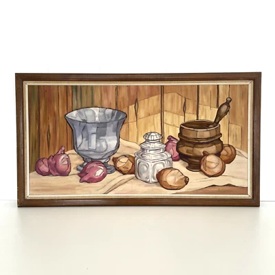 Original MCM Vintage Bodegón Pintura Firmado Cebollas y Cuencos 32x17" Foto 1 de 4
