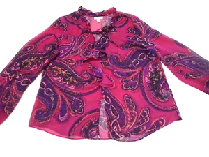 John Paul Richard burgandy paisey sheer ruffle front blouse, L - Picture 1 of 7