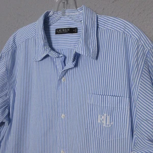 Camisa para dormir Lauren Ralph Lauren XL azul blanco a rayas monograma salón abotonada - Imagen 1 de 11