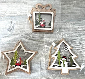 3 Laser Cut Wood Holiday Christmas Ornament Set Santa Snowman Trees Snow - New - Picture 1 of 8