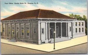 SUMTER, South Carolina Postcard POST OFFICE Building / Street View LINEN c1950s - Picture 1 of 2
