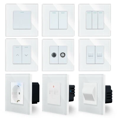 Wippschalter Steckdose Lichtschalter Dimmer Taster Schuko Glas Weiß Luxus-Time - Bild 1 von 4