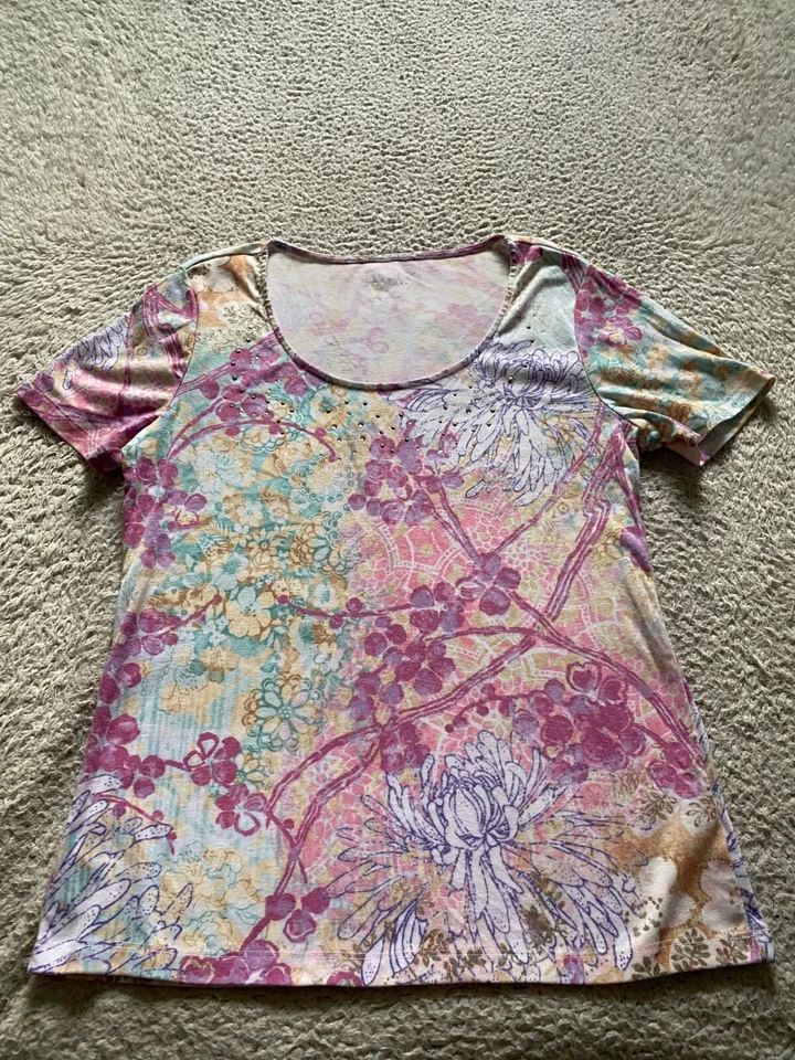 Camiseta Nicole Miller Mujer Floral Cuentas Manga Corta Cuello Redondo Talla M Foto 1 de 4