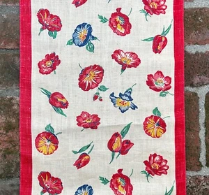 Gorgeous Vintage 1940's Linen Kitchen Towel Fabric Floral Farmhouse Cottage - Picture 1 of 5