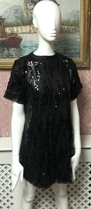 BNWT WOMEN ZARA STRIPED SEQUIN BLACK SHIFT PARTY MINI DRESS LINED SIZE UK LARGE - Picture 1 of 4