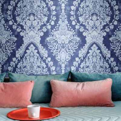 Papel de parede texturizado azul preto prata metálico vintage ferrugem diamante floral damasco - Imagem 1 de 4