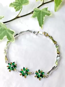 Silver Bracelet 7" Emerald Green CZ Gemstone Elegant Women Jewelry + Gift Box - Picture 1 of 4