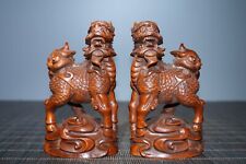 Chinese Boxwood Wood Carving Exquisite Unicorn Kylin Statue Figurines A Pair Art