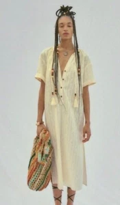 ZARA Dress Small Cream Cotton Embroidered Kaftan Tunic Bead Tassels Midi BNWT - Picture 1 of 21
