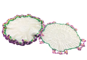 2 Purple and Yellow Vintage Doilies 13.5" Cottagecore Handmade Crafts Farmhouse - Picture 1 of 8
