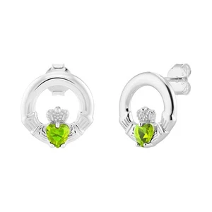 Peridot Claddagh Stud Earrings Sterling Silver 925 Hallmarked British Made - Picture 1 of 3