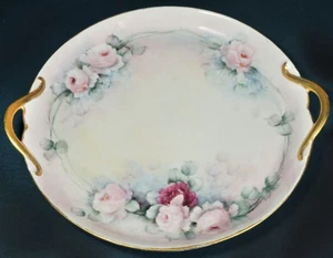 Antik Frankreich Limoges GDA 8 1/4" Kuchenteller Griffe handbemalt Rosen Gold - Bild 1 von 3