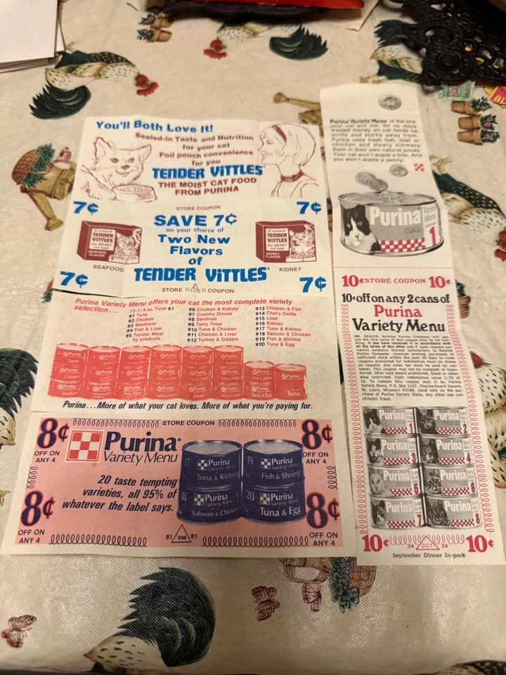 Cupones de comida para gatos vintage de principios de 1970--GC Foto 1 de 2