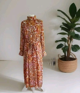 Oliver Bonas Damen Maxi-Shirt-Kleid rosa/gold Blumen Langarm mit Gürtel. UK 12 - Bild 1 von 15