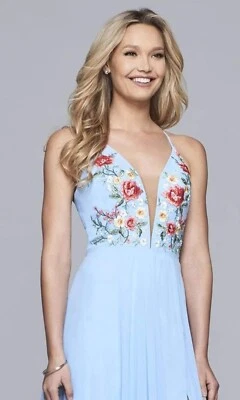 Vestido Corto de Cóctel Faviana Nube Azul Gasa Floral Nuevo con Etiquetas Talla 6 Foto 1 de 4