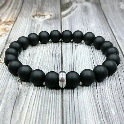 MODERN 8"L STAINLESS STEEL 10mm Matte Black Onyx Gemstone Beaded Men's Bracelet - Image 1 of 4
