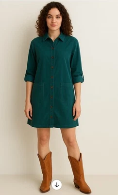 Vestido recto de pana Jill PXS verde azulado mangas con lengüeta enrollable suave acogedor otoño invierno Foto 1 de 4