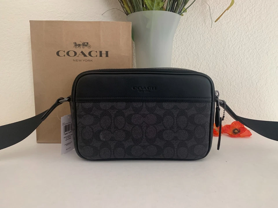 Coach CV921 Men's Graham Crossbody Signature Canvas & Leather Charcoal Black