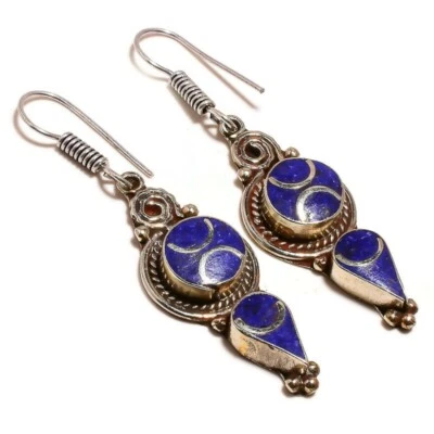 Inlay Lapis Lazuli Gemstone Antique Handcrafted Oxidized Tibetan Ethnic Earrings - Image 1 of 3