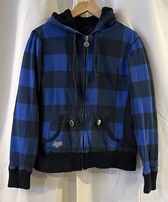 Sudadera con Capucha Forrada Sherpa Fox Girls Racing Azul/Negro A Cuadros Cremallera Completa Talla Mediana Foto 1 de 4