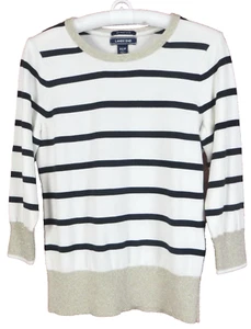 SC000795 LANDS END Women Cotton Pullove Sweater 3/4 Sleeve Striped Shimmer XS S - Picture 1 of 8