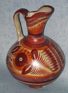 Vintage Mexican Handmade Pottery Pitcher Canelo Burnished Red Brown Floral 12" - Picture 1 of 8
