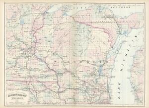 1872 Asher & Adams Wisconsin (Original Antique Map, Color)