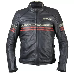 BKS Retro Leather GBR Motorcycle Jacket Mens Black Red Beige - Picture 1 of 4