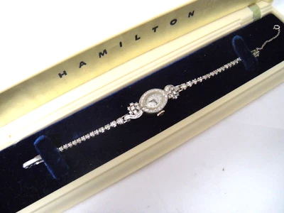 Relógio feminino vintage Hamilton ouro branco 14K e diamante incrustado com caixa original - Imagem 1 de 4